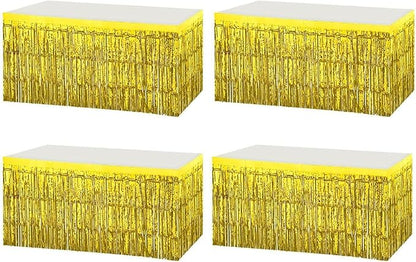 4 Pack Metallic Foil Fringe Tinsel Table Skirts,29x108 Inch Party Disposable Table Skirt Banner for Hotel Banquet Parade Floats Mardi Gras Holiday Birthday Wedding New Year Party Decoration(Gold)