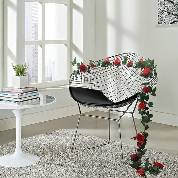 2 Pack Artificial Rose Vine Garland Fake Roses Flowers Plants Vines Hanging Floral Leaves Decoration for Wedding Party Table Garden Arch Wall Home Room Decor(Red)