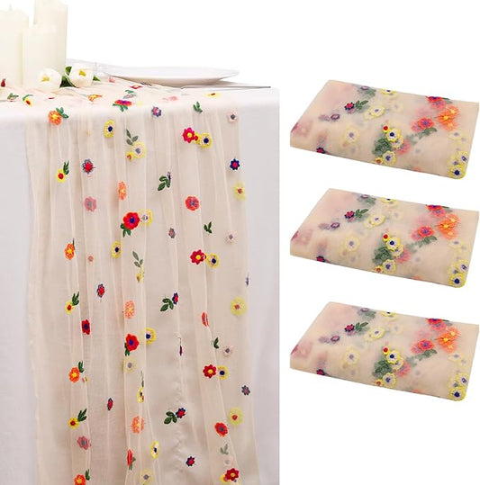 BINBE 3pcs Champagne Daisy Fall Table Runner Embroidery Gauze 10FT Florals Seasonal Tulle Holiday Birthday Kitchen Dining Table Decor for Home Party