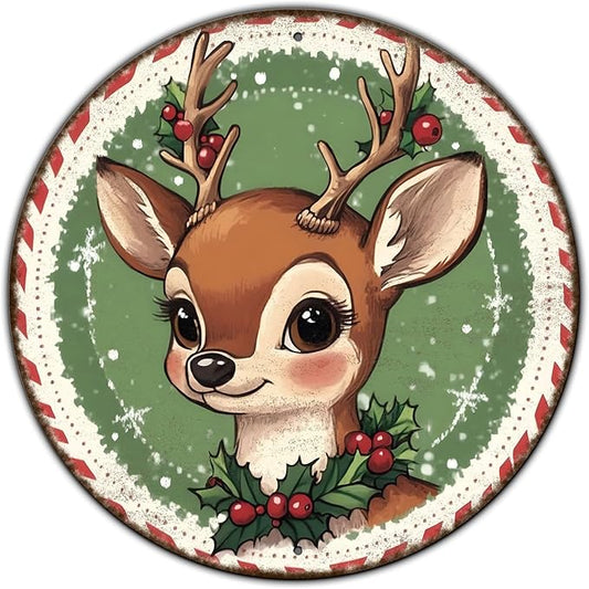 Round Retro Reindeer Metal Tin Sign - Vintage Christmas Decor for Home Coffee Wall - 12 * 12 in