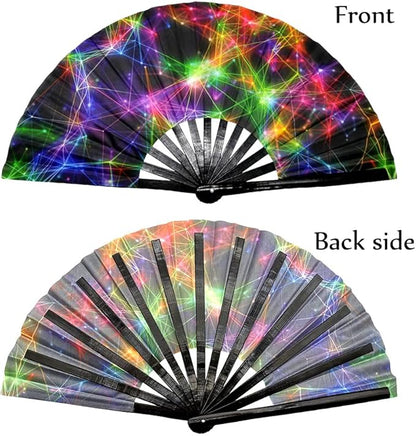 2 Pack Large Folding Rave Fan for Women/Men Holographic Festival Bamboo Clack Hand Fan Decorative Accessories for EDM, Music Festival, Event, Party, Dance, Performance,Halloween (Style-1)