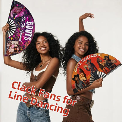 Where Them Fans at Folding Fans for Line Dancing, Boots On The Ground, Line Dance Popping Fan, Western Clack Fan for Dance, Party, Decoration, 13In