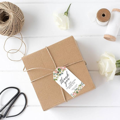 Andaz Press 100-Pack Personalized Thank You for Celebrating with Us Wedding Favor Tags with Bakers Twine Peach Coral Floral Garden Custom Cardstock Wedding Gift Tags for Party Favors 2 x 3.75-Inches