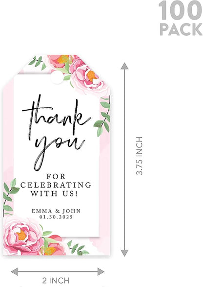 Andaz Press 100-Pack Personalized Thank You Tags with Bakers Twine, Pink Peonies Custom Cardstock Wedding Gift Tags 2 x 3.75-Inches