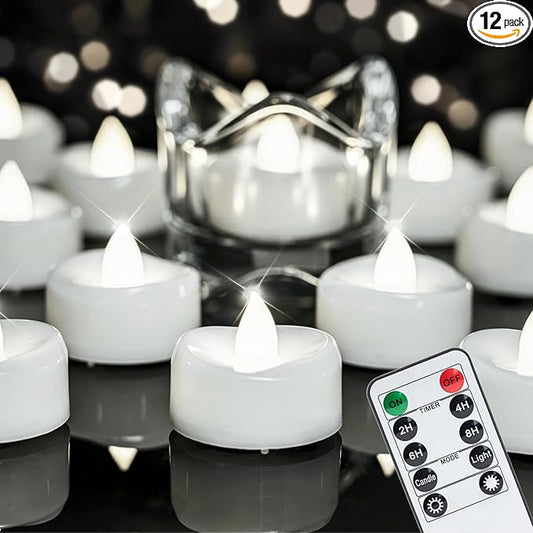 Remote Candles, 12PCS Flameless Tea Lights Candle Battery Operated with Timer, 400+Hours Remote Control LED Tea Lights Votive Candle - 1.5'' D X 1.25'' H- Pure White Light
