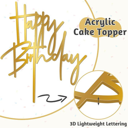 1PCS Gold Birthday Cake Topper, 5.3 x 7.2 Inches Acrylic Happy Birthday Cake Sign, Glitter Mirror Cake Topper Decorations for Anniversary, Bridal Shower, Birthday Party Supplies