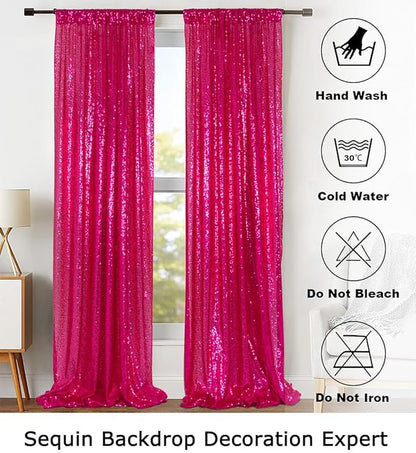 ShinyBeauty Sequin Curtains Hot Pink 2FTx8FT 4 Panels Sequin Photo Backdrop Shimmer Backdrop Fuchsia Glitter Curtains for Shower Sequins Backdrop Background