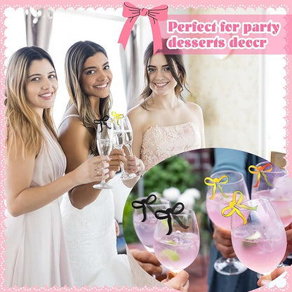 36 Pcs Bow Drink Markers Acrylic Drink Tags Bowknot Wine Glass Charms for Bachelorette Coquette Birthday Cocktail Wedding Decoration Bridal Shower Party Favors