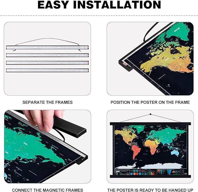 Magnetic Poster Hanger, 31 x 21 31x23 31 x 24 Poster Frame Wood Wooden Magnet Print Posters Dowel Scroll Hanger Hangers Hanging Kit for Walls Map Canvas Artwork (Black, 31")