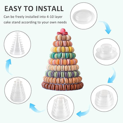 10 Tiers Macaroon Tower Stand with 8'' Silicone Tongs, Round Macaron Tower Cake Display Rack Plastic Cupcake Stand Macarons Desserts Serving Tray for Birthday Wedding Party Decor (10 Tiers with Tongs)