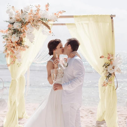 VOK Wedding Arch Draping Fabric Chiffon Curtains, 29in x 18Ft Sheer Chiffon Outdoor Curtain for Wedding Ceremony Birthday Party Decoration (Light Yellow,4 Panel)