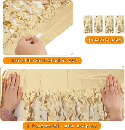 4 Pack Wavy Champagne Gold Metallic Tinsel Foil Fringe Curtains Backdrop - 3.3X6.6ft Foil Fringe Backdrop for Parties | Door Streamers for Birthday | Photo Booth Backdrops Party Decor
