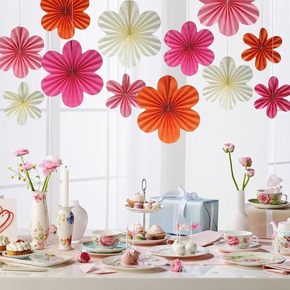 BestoFun 12 PCS Paper Flowers Fans Pink and Orange Party Decorations Paper Flowers Decorations for Wall Girl Groovy Birthday Baby Shower Wedding Bachelorette Room Hanging Décor