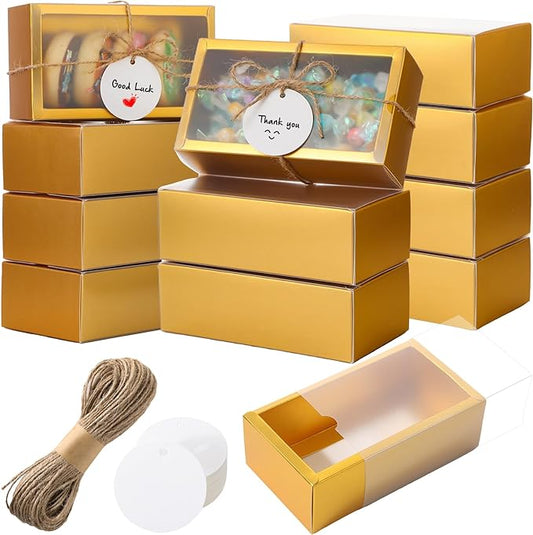 Roowest 50 Sets Kraft Soap Boxes Rectangle Packaging Box with Window Homemade Gift Box with Blank Tags and Jute String for Jewelry Candy Wrapping Party Favor(6.3 x 3.5 x 2 Inch,Gold)