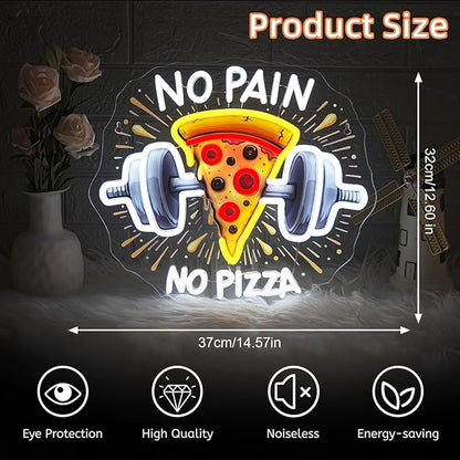 Lucunstar Gym Neon Sign No Pain No Pizza UV Printed Light Signs For Wall Decor Dimmable Dumbbell Barbell Led Lights Decoration Fitness Club Gift For Teens Sports Room USB Powered 14.57 x 12.6 inches