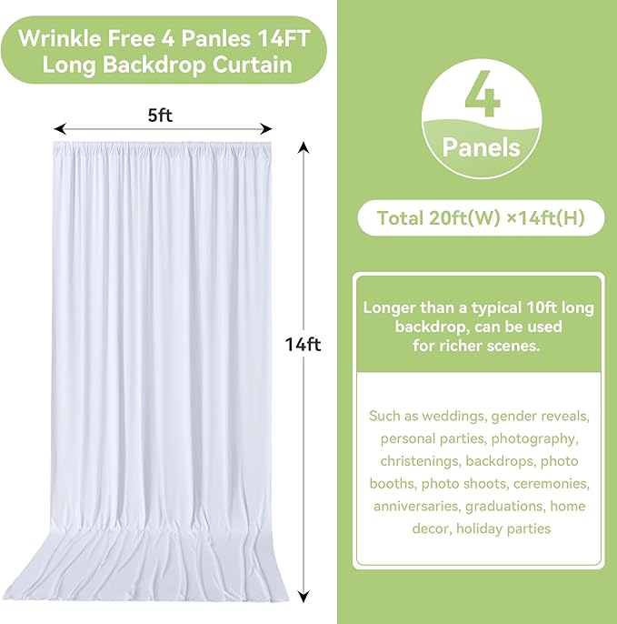 20ftx14FT Wrinkle Free White Backdrop Curtain, 4 Panels 14FT Height White Wedding Backdrop Drapes, Silky Polyester Back Drop Cloth for Birthday Photography Background Party Backdrop Draping