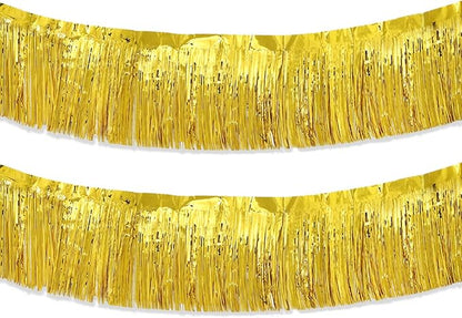 Gold Foil Fringe Garland 10FT 2packs, Metallic Foil Tinsel Fringe Banners for Parade Float Decorations Wedding, Birthday Party Graduation (Two Gold)