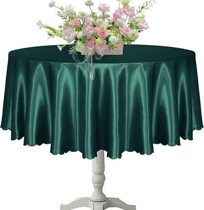 KKJIAF 1 Pack Round Table Cloths 90 Inch, Hunter Green Overlay Round Satin Table Cover, Silky Satin Dining Tablecloths for Wedding Buffet Parties Banquet Decoration