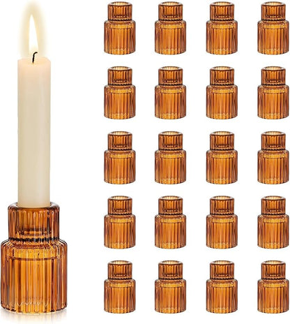 Hewory Glass Taper Candle Holders: 20 PCS Amber Elegant Candle Holder Candlestick Holders Bulk, Ribbed Glass Candle Holder Candle Sticks Holder Decor for Table Centerpiece Fall Thanksgiving Home Decor