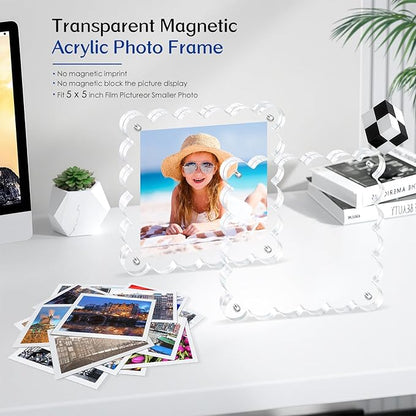 Acrylic Picture Frames .5×5inch 2Pack - Double-Sided Scalloped Photo Frame, 20mm Ultra-Clear Block, Modern Desktop Display for Home/Office Decor (2 Pack, 5X5)