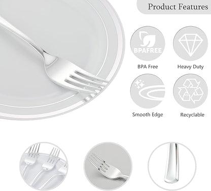 200pcs Silver Dessert Plates with Forks for 100 Guests-100pcs 7.5" Disposable Silver and White Small Plates with 100pcs 7.4" Forks-Cake/Appetizer/Salad Plate for Wedding,Birthday,Party