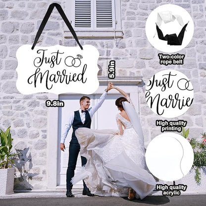 Acrylic Wedding Sign, Ring Bearer Sign, Just Married Decor, for Rustic Wedding Decor Hanging Signs, Acrylic Hanging Signs With Ribbon for Chairs Weddings Reception Decorations and Event Party (White)