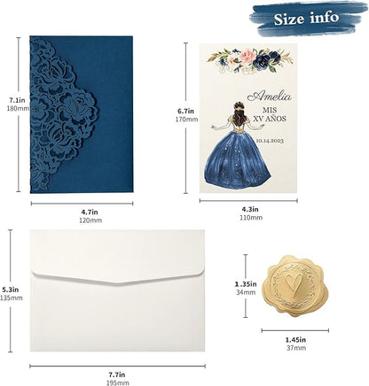 DORIS HOME 50pcs Laser Cut Quinceanera Invitations Blue, 4.7x7.1 Personalized Quince Invitations for 15th Birthday, Invitation cards for Sweet 16 with Envelopes