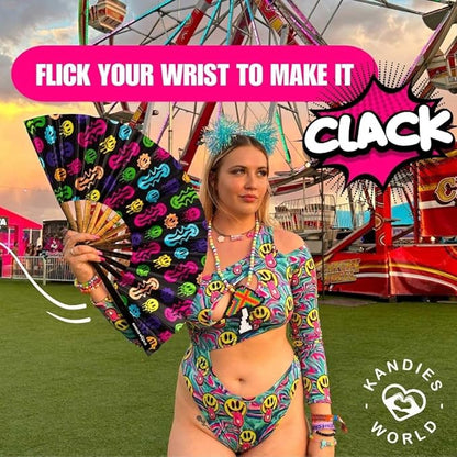Kandies World UV Reactive Custom Festival Folding Hand Fan - Unique Designs, Made of Bamboo, Clacking Sound, Lightweight - Perfect Rave and Festival Accessory!