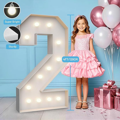 4FT Marquee Light Up Numbers 2,Party Decoration Large Marquee Light Up Letters with Weighted Water Bag,Pre-cut Foam Board Set Can Be Used for Birthdays,Weddings,Baby Anniversaries