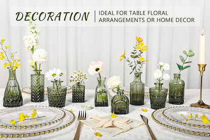 12pcs Glass Bud Vase Set, Small Green Flower Vases for Centerpieces in Bulk, Mini Vintage Vase for Wedding, Home,Table Decoration