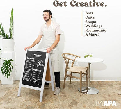 Ilyapa Wooden A-Frame Sign with Eraser & Chalk - 40 x 20 Inches Magnetic Sidewalk Chalkboard – White Menu Display for Restaurant, Business Or Wedding