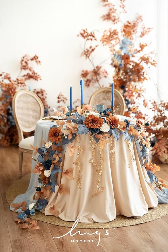 Ling's Moment 9FT Eucalyptus & Willow Leaf Garland with White Flower, Handcrafted Wedding Sweetheart Table Centerpieces Head Table Decor Arch Backdrop Decorations for Wedding | Burnt Orange & Denim