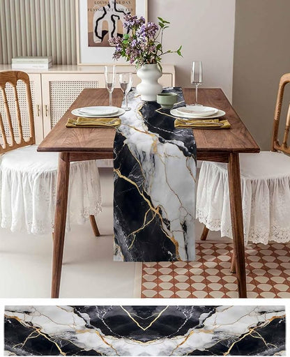 Black White Marble Cotton Linen Table Runner for Dining Kitchen, Wedding Outdoor Party Tablerunners Decoration, Nature Marble Crack Modern Art Dresser Scarf Coffee Tablecloth Runners 13x60 Inches