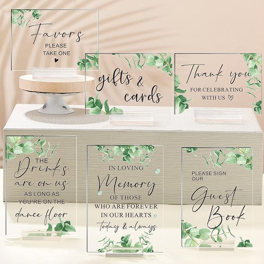 Weysat 6 Pcs Clear Acrylic Wedding Signs for Reception and Ceremony 5'' x 7'' Wedding Signage with Stand in Loving Memory Table Decorations Cards and Gifts Guestbook Reserved Table Sign(Elegant Style)