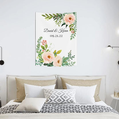 Wedding Backdrop for Reception, Custom Tapestry with Names & Date, Personalized Calligraphy Banner Ceremony, Flowers and Leaves Deisgn, Arch Decor One Size