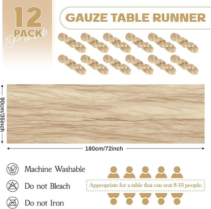 Aktor 12 Pack Beige Table Runner Boho Cheesecloth Table Runner Semi Sheer Gauze Fabric Runners for Wedding Birthday Baby Shower Party Boho Table Decoration（Beige）