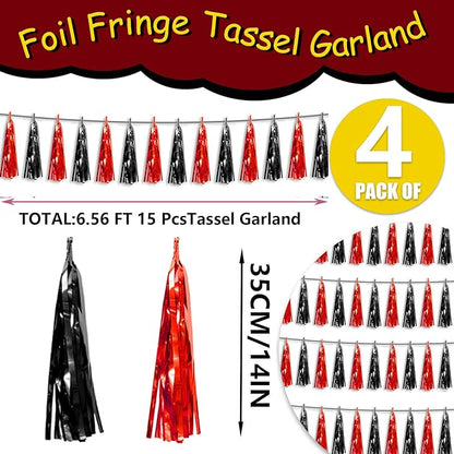 4P Black red Foil Fringe Tassel Banner Garland Metallic Tinsel Streamers Wall Hanging Curtain Backdrop Banner for Parade Floats, 2024 Graduation Decorations, Father's Day Party Decoration