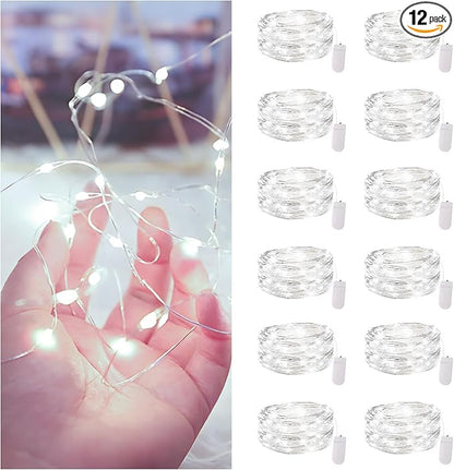 12 Pack Fairy Lights Battery Operated String Lights，7FT 20LED Waterproof Silver Wire Christmas Lights Outdoor,Firefly Mini Lights for Bedroom Party Birthday Wedding Home Decor