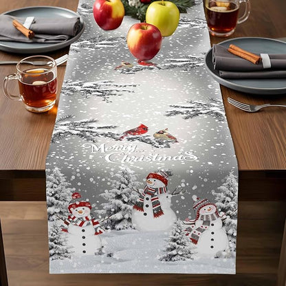Christmas Snowman Cotton Linen Table Runner for Dining Kitchen, Snowflakes Xmas Pine Tree Wedding Outdoor Party Tablerunner Decoration Winter Bird Dresser Scarf Coffee Tablecloth Runners 13x60 Inches