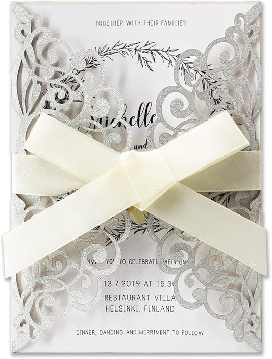 50Pcs Laser Cut Wedding Invitation With Glitter Envelopes And Ribbons Blank Personalized Card Invitaciones Para quinceañera Birthday Baby Shower Christmas Party Bridal Shower (Silver)