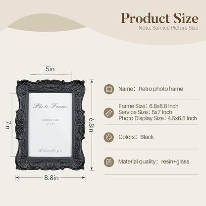 Cuspin 5x7 Black Picture Frame, Vintage Ornate Decorative Hand-Carved Resin Photo Frame with Detailed Design for Tabletop Display or Wall Hanging, Black Home Decor