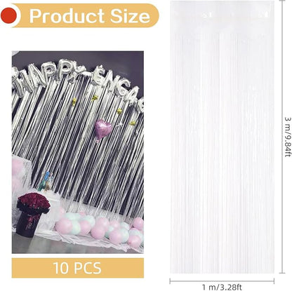 10 Pack White Foil Curtain Backdrop 3.2ft x 9.8ft Black Metallic Tinsel Foil Fringe Curtains Streamer Photo Booth Backdrop for Birthday Party Engagement Bachelorette Party Decorations (White)