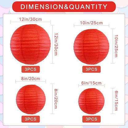 12Pcs Round Paper Lanterns Assorted Sizes (6" 8" 10" 12") for Home Decor, Restaurant, Church, Wedding, Birthday Party Decorations, Hanging Chinese Japanese Paper Lantern Lamps (Red)