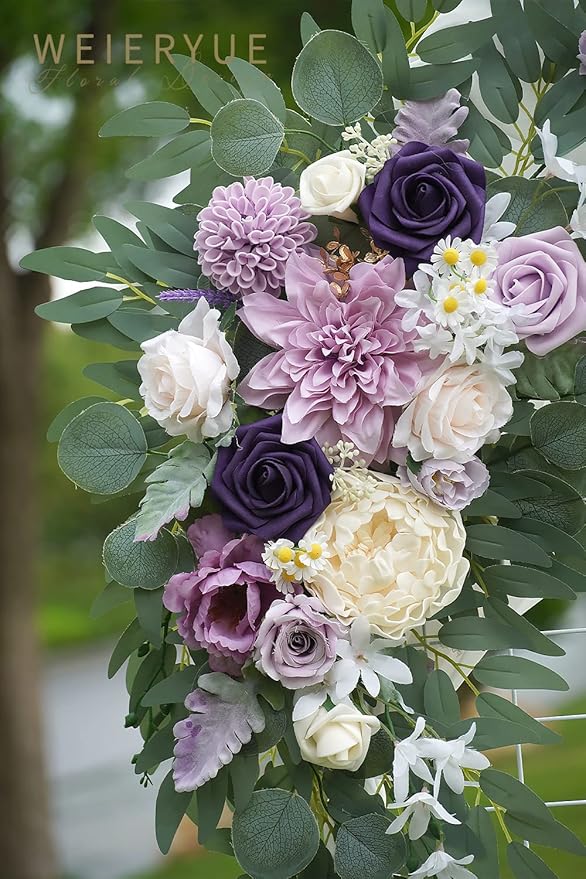 Artificial Wedding Arch Flowers Kit(Pack of 3),2Pcs Artificial Flower Arch Decor,1Pcs Sheer Drape for Wedding Ceremony Arbor for WeddingCeremony (Lavender & Cream)