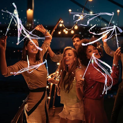 58 Pieces Light up Wedding Wands with Ribbons & Bells –LED Silk Wedd Fairy Wands Streamers with Warm White & Colorful Lights for Wedding Send Off Ideas, Parties, and Celebrations