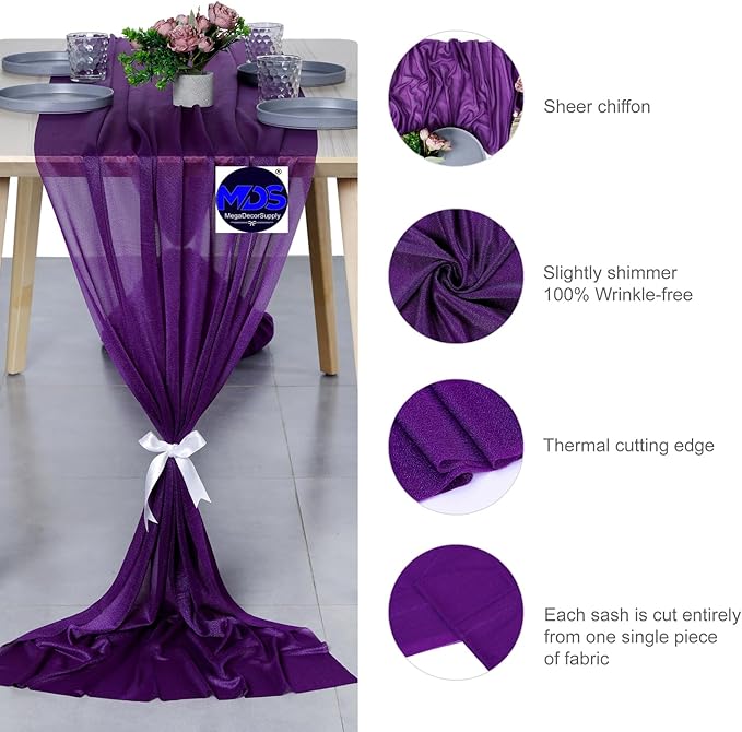 MDS 25 Pack 10ft Chiffon Table Runner 29 x 120 Inches Sheer Wedding Runner Romantic Rustic Table Runner for Wedding Decorations, Birthday Parties, Bridal Shower Party Arch Decor - Cadbury Purple