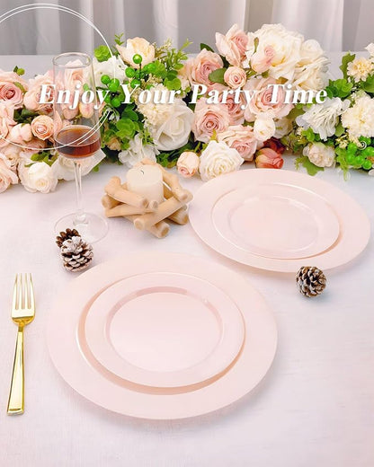 200PCS Pink Plastic Plates Set, 100 10.25 inch Dinner Plates and 100 7.5 inch Dessert Plates, Premium Disposable Plates for Party, Wedding