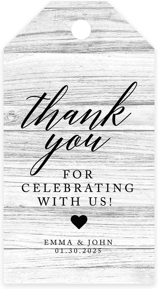 Andaz Press 100-Pack Personalized Thank You Tags with Bakers Twine - Gray Rustic Wood Custom Cardstock Wedding Gift Tags - 2 x 3.75-Inches