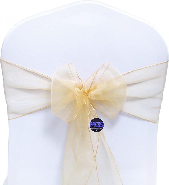 MDS Pack of 100 PCS Organza Chair Sashes Wider Dining Chair Bows Ribbon Tie Back for Wedding Party Birthday Bridal Shower Reception Event Banquet Home Chair Cover Decoration - Beige
