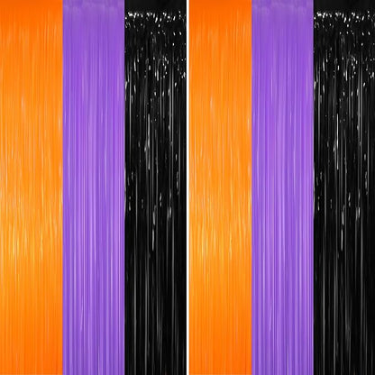 GOER 6.4 ft x 8.2 ft Metallic Tinsel Foil Fringe Party Backdrop for Halloween Birthday Graduation New Year's Party Decorations(2 Packs,Black&Orange&Purple)